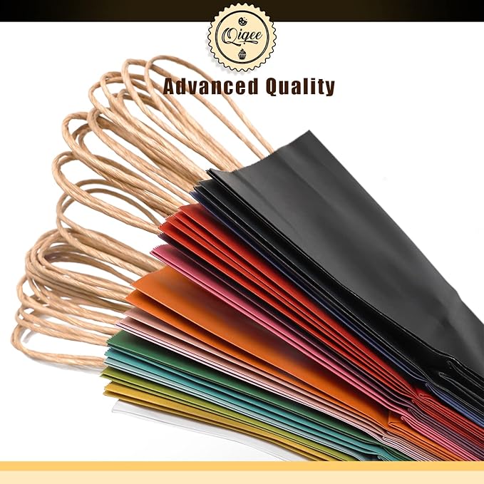 qiqee 100Pcs Large Size Paper Gift Bags with Handles -13"x10.3"x4.6" Kraft Small Party Bags - 16 Solid Colors