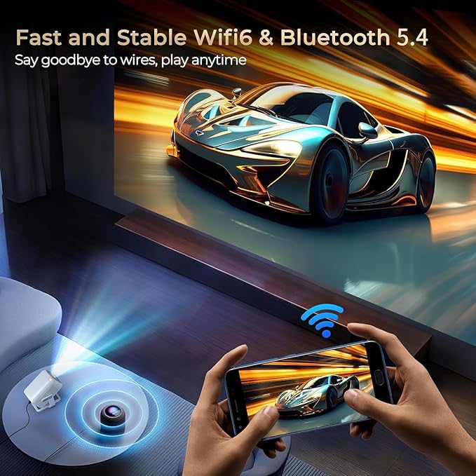 WEMI Native 1080P Smart Mini Projector with WiFi 6 Bluetooth 5.4, Full HD 4K Support Auto Focus&Keystone, Built-in Stereo Speakers Android OS, Portable Movie Projector for iPhone Netflix Home Theater