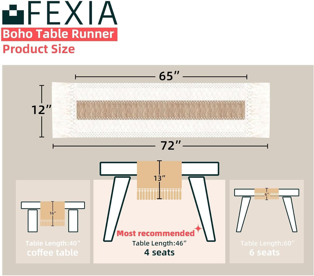 FEXIA Boho Table Runner for Home Decor with Tassels 72 Inches Farmhouse Long Pottery Barn Furniture Rustic Macrame Burlap Table Decoration for Living Room Bridal Shower (12x72 Inches)