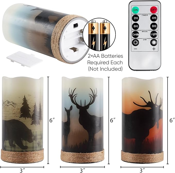 Homemory Christmas Flameless Candles Battery Operated with Rope, Deer, Bear, Moose, Remote Control and Timers, Rustic Country Home Farmhouse Cabin Decor Gifts, 3”x 6”
