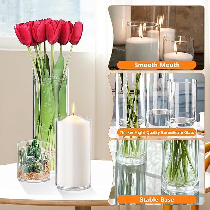 48 Pack Thick Glass Cylinder Vases 4,6,9,12 Inch Tall Clear Flower Vase Hurricane Floating Candle Holder for Table Centerpiece Wedding Home Decor