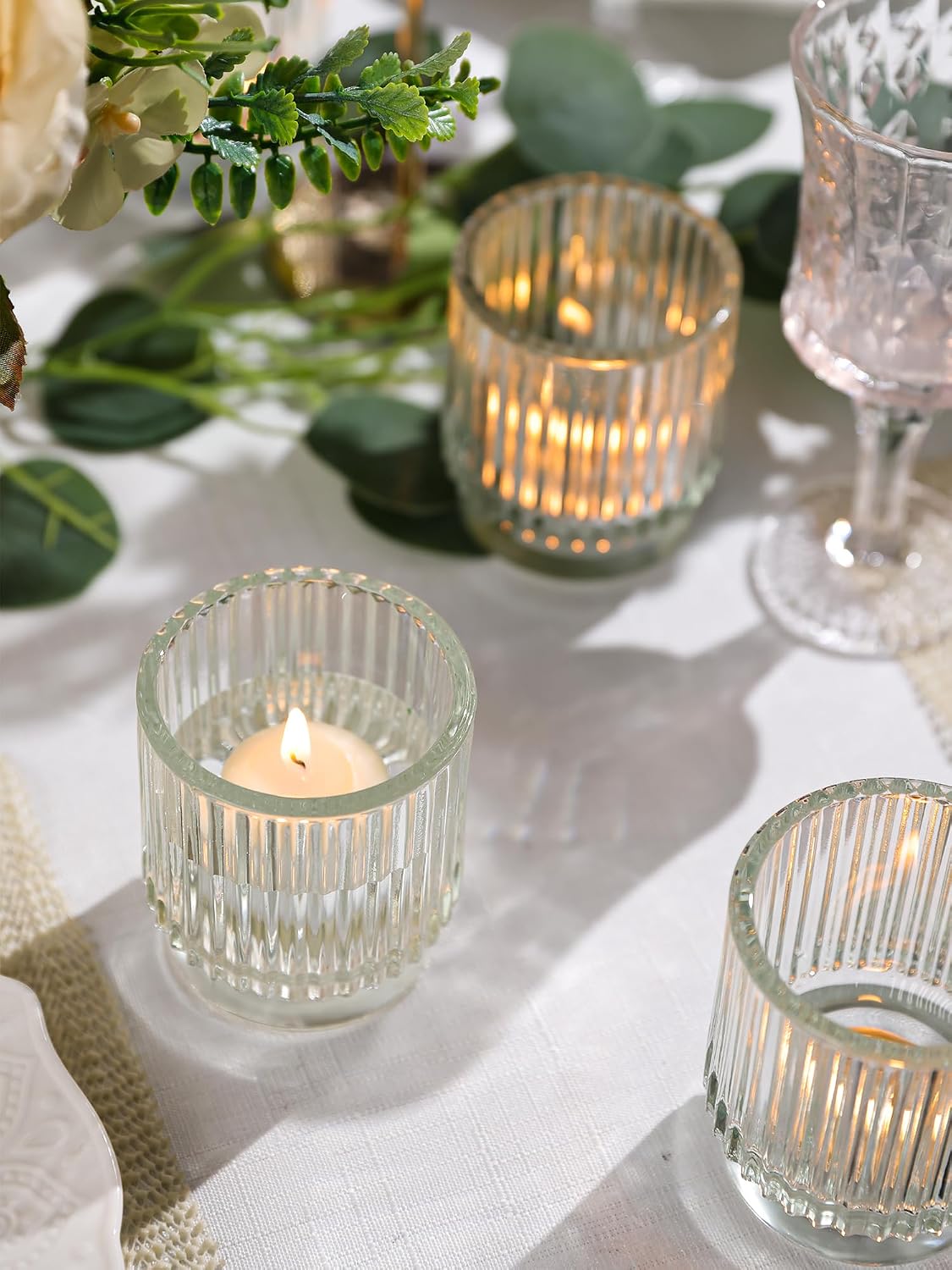 DEVI 8pcs Clear Glass Votive Candle Holder Decor, Boho Candle Holder for Wedding Decorations, Centerpiece Table Decorations for Valentine, Vintage Mothers Day Home Party Table Decorations