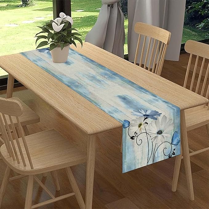 Daisy Floral Table Runner, Spring Seasonal Summer Wild Flower Rustic Country Farmhouse Table Center Decor for Home Kitchen Dining Patio Holiday Party Indoor Outdoor Table Decorations, 13"x108" Inch