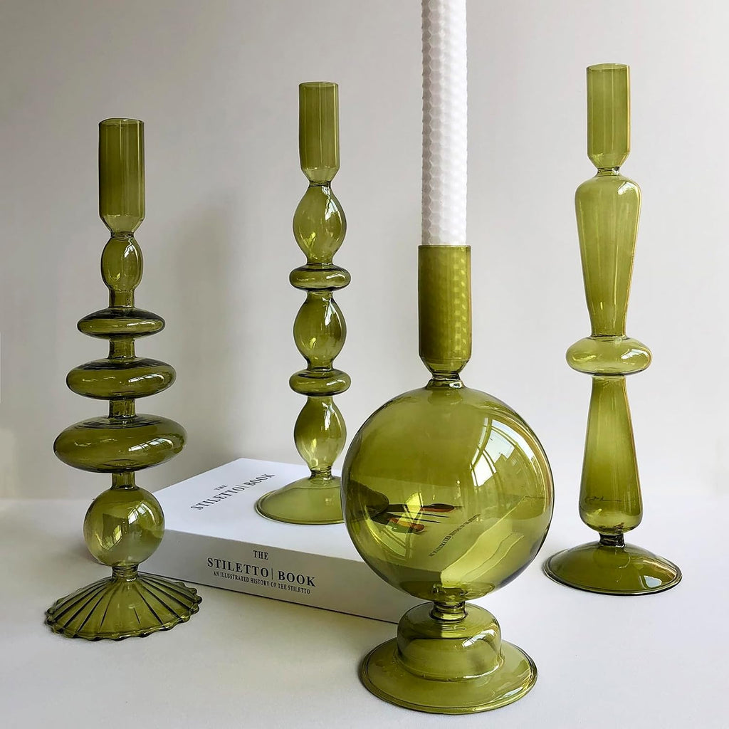 Candle Stick Candle Holder, Glass Candle Holders for Table Centerpiece, Modern Style Green Candle Holder Mixed 4pcs