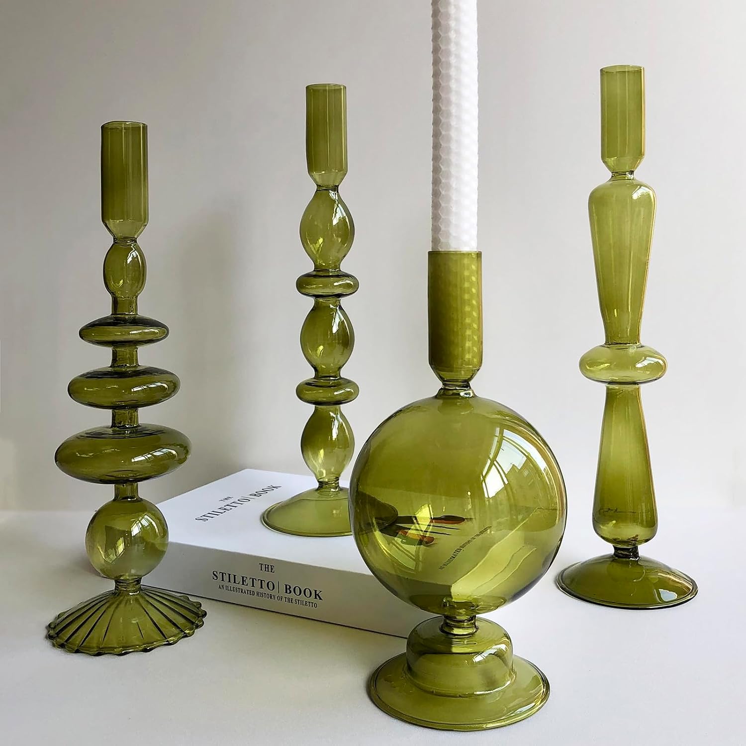 Candle Stick Candle Holder, Glass Candle Holders for Table Centerpiece, Modern Style Green Candle Holder Mixed 4pcs