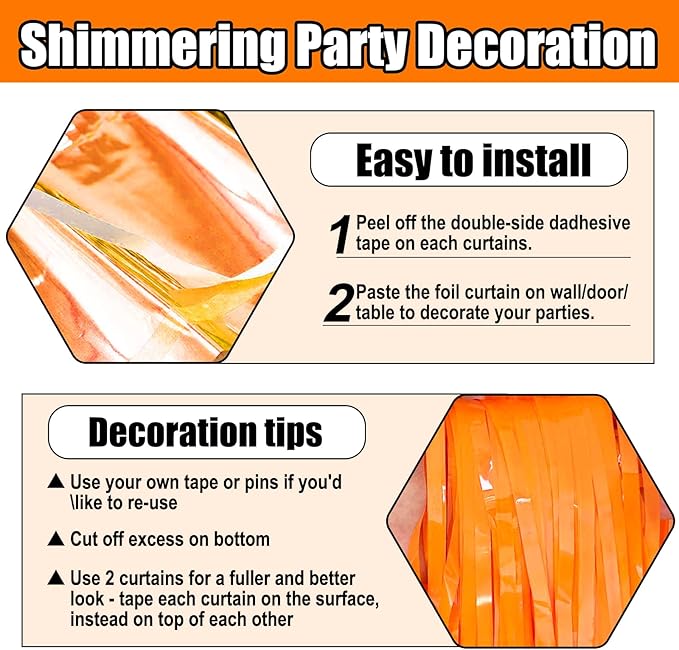 6 Pack Orange Foil Fringe Curtain Backdrop, 3.28Ft x 8.2Ft Metallic Tinsel Foil Fringe Streamer Curtains for Photo Booth, Birthday, Wedding, New Year Party Decorations