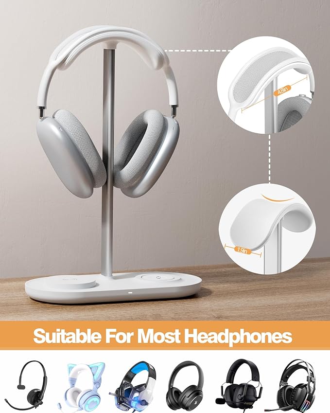 Universal Headphone Stand, Magnetic Wireless Charger for iPhones/AirPods/iWatch, Aluminum Alloy Rod, Leather Pad, ABS Solid Base, White