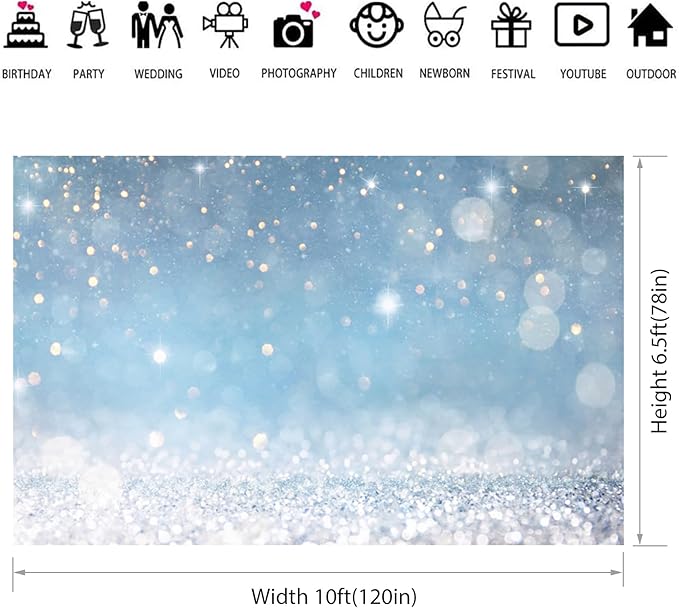 10x6.5ft Blue Bokeh (Not Glitter) Backdrops Birthday Party Abstract Golden Sparkling Spots Photography Background Baby Shower Wedding Prom Graduation Party Bokeh Decor Banner Photoshoot Props