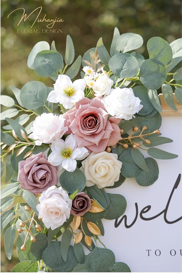 Wedding Sign Faux Flower Swag (Pack of 2) for Ceremony Party Reception Entrance Floral Decor Wall Easel Stand for Wedding Poster Welcome Sign (Champagne&Dusty Rose)