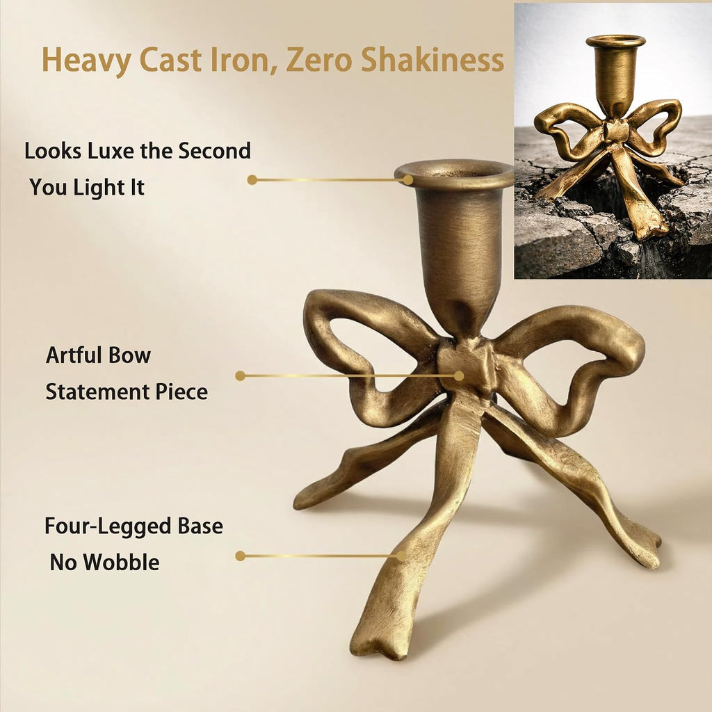 Heavy Cast Iron Dancing Bow Taper Candle Holders, Ribbon-Inspired Sculptural Design, Fits 7/8" Candlesticks, Vintage Metal for Mantel, Tabletop & Seasonal Decor (2, Brass)