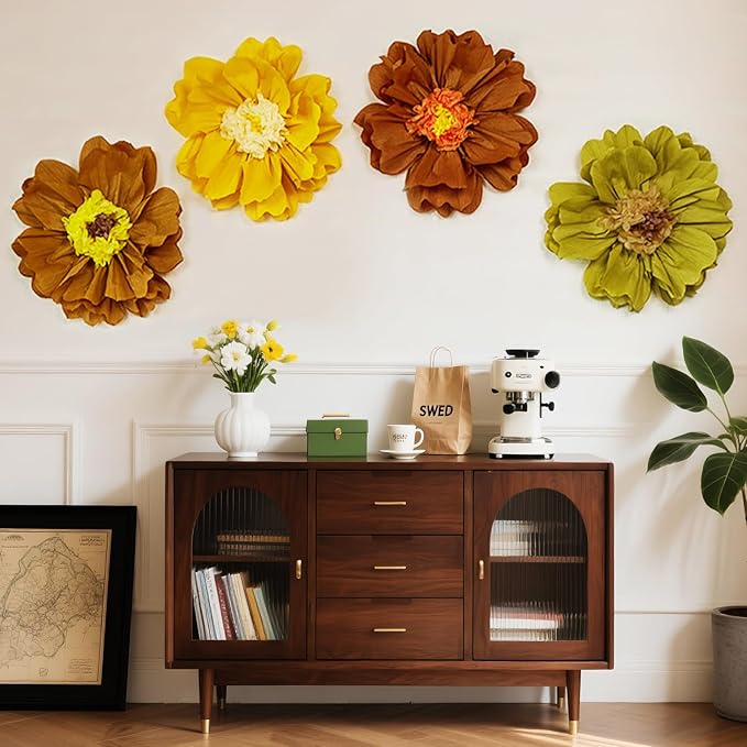 4 PCS 20" Brown Yellow Giant Paper Flowers Boho Baby Shower Party Decorations Thanksgiving Fall Autumn Large Tissue Pom Poms Neutral Floral Rustic Crepe Paper Flowers for Wall Birthday Wedding Garden