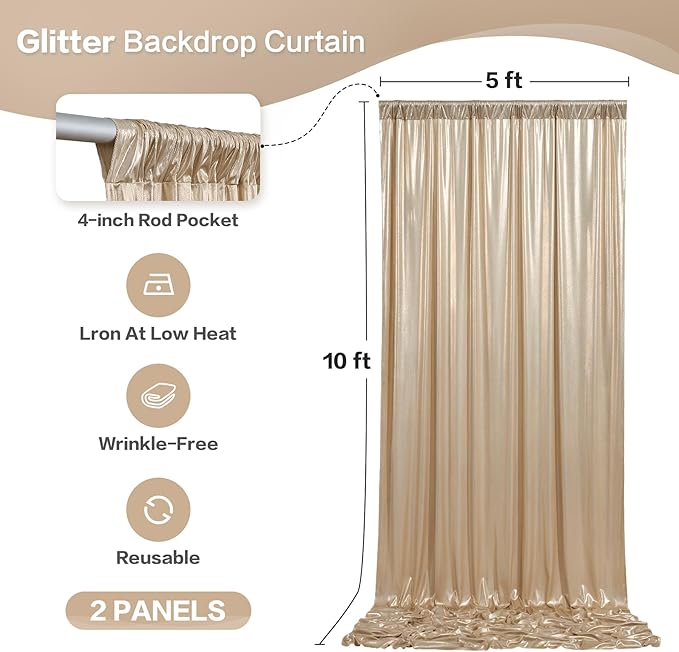 gogoparti 10x10FT Champagne Gold Sequin Backdrop Curtain - 2 Panels of 5x10FT Wrinkle-Free Glitter Drapes for Photography, Birthdays, Weddings & Graduations
