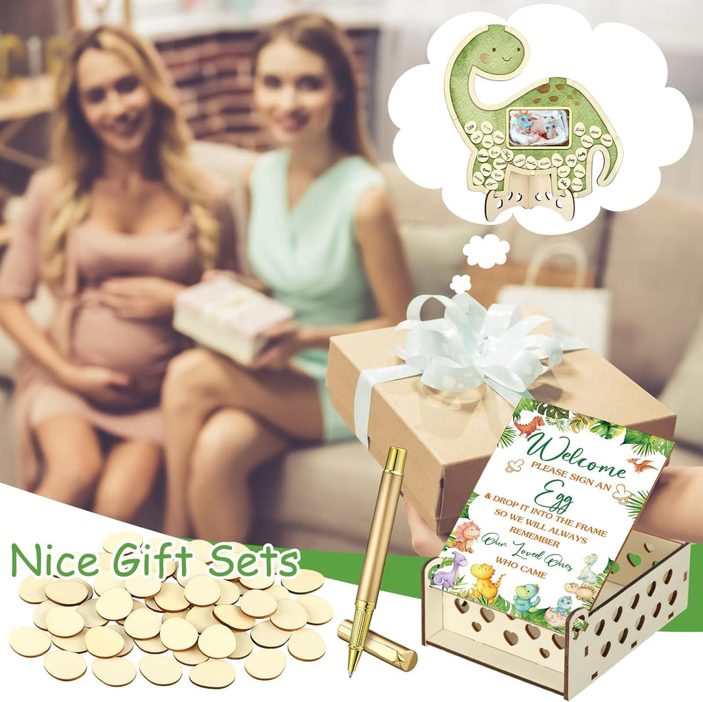 Wenqik 63 Pcs Dinosaur Baby Shower Guest Book Alternatives Set Baby Shower Decorations with Photo Frame Sonogram Frame Keepsake 60 Wood Slices Guest Book for Birthday