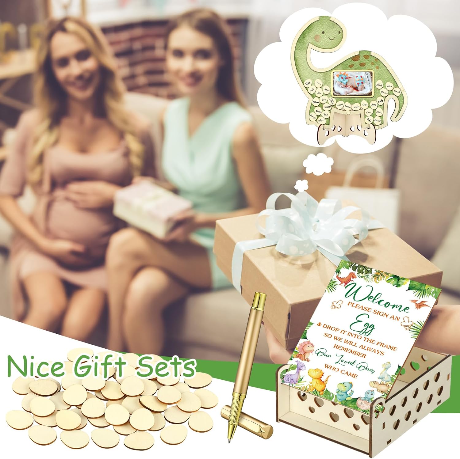 Wenqik 63 Pcs Dinosaur Baby Shower Guest Book Alternatives Set Baby Shower Decorations with Photo Frame Sonogram Frame Keepsake 60 Wood Slices Guest Book for Birthday