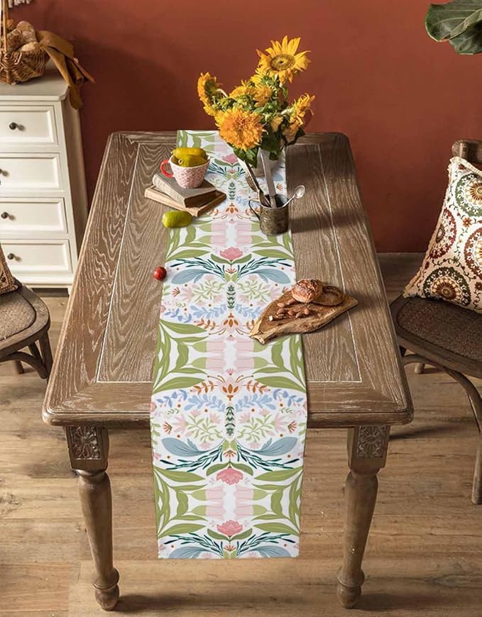 Green Blue Pink Boho Floral Cotton Linen Table Runner for Dining Kitchen, Wedding Outdoor Party Tablerunners Decoration, Retro Bohemian Botanical Dresser Scarf Coffee Tablecloth Runners 13x48 Inches