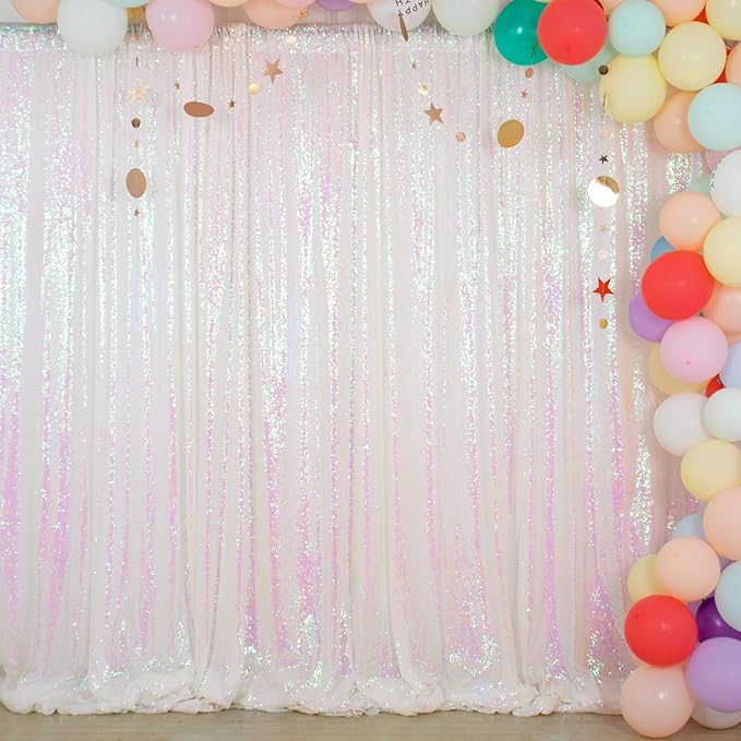 ShinyBeauty White Sequin Backdrop 4FTx8FT 2 Pieces Iridescent White Backdrop Curtains Panels Glitter Photo Backdrop Transparent Birthday Themed Backdrop
