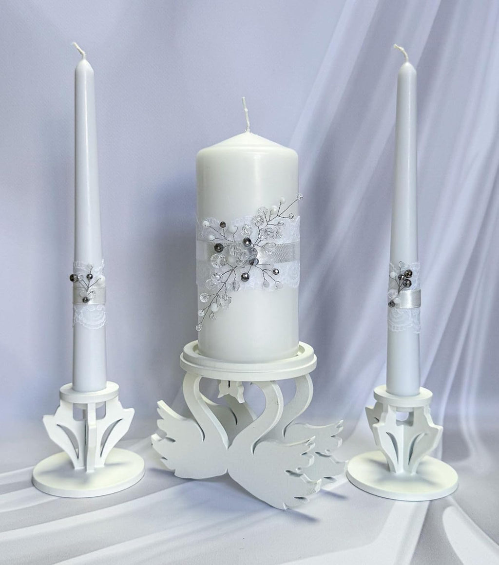 Unity Candle Set - Wedding Ceremony & Reception – 6” Pillar & Two 10” Taper Candles – Long Burning Unity Candles for Marriage Ritual – Handmade in USA –Diamond | White