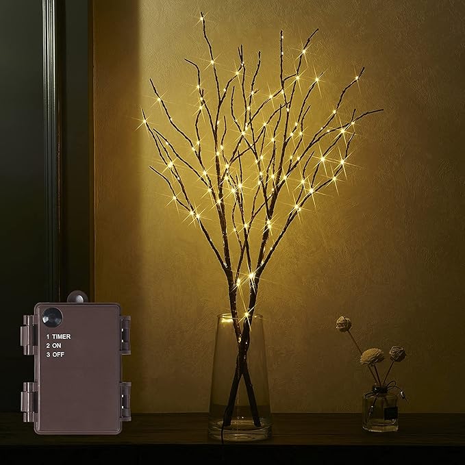 Fudios Lighted Brown Branches with Timer 32 in 100 LED for Vases Battery Operated, Artificial Willow Branch Twigs with Warm White Lights for Christmas Holiday Party Decor
