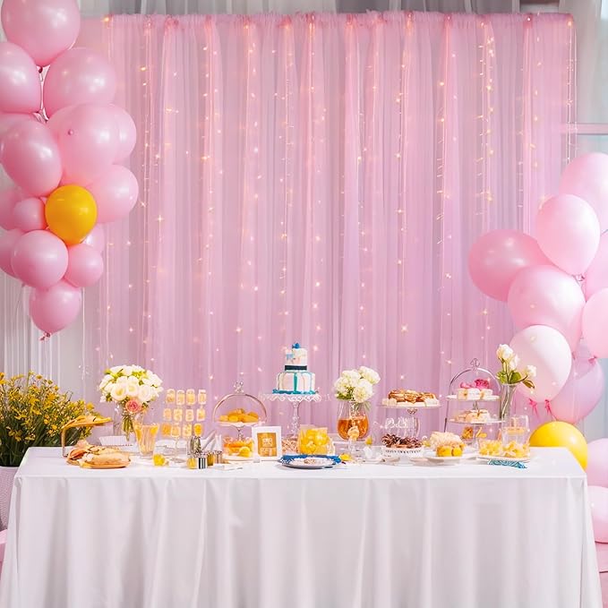 20×10ft Pink Tulle Backdrop Curtain with Lights String for Parties, Sheer Photo Backdrop Curtains for Wedding Party Photography Background