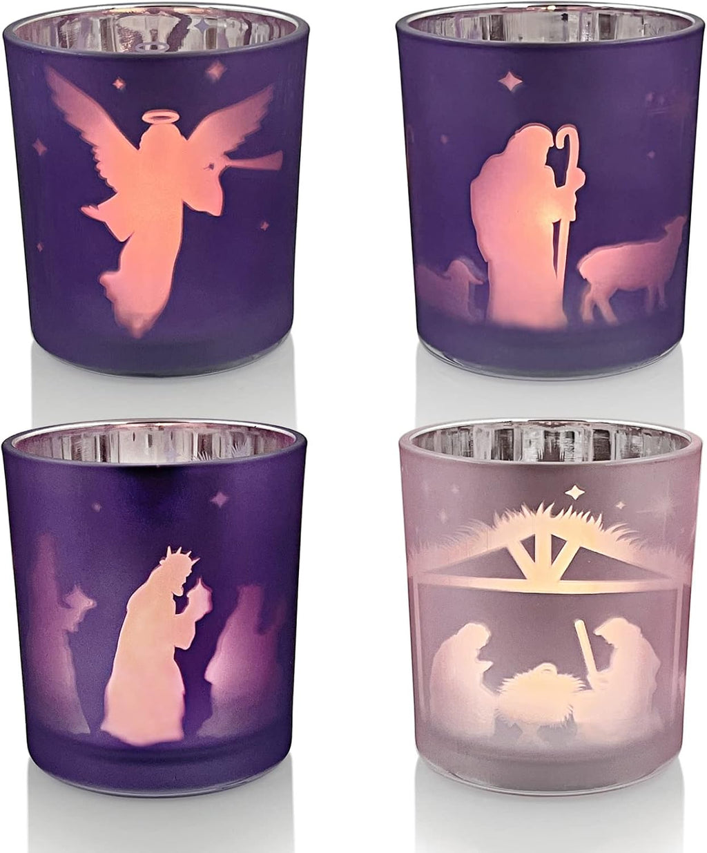 Advent Candle Holder Set of 4, Christian Decoration Votive Candle Holders, Glass Tealight Holders for Christmas Table Centerpieces Nativity Decorations, Purple & Pink
