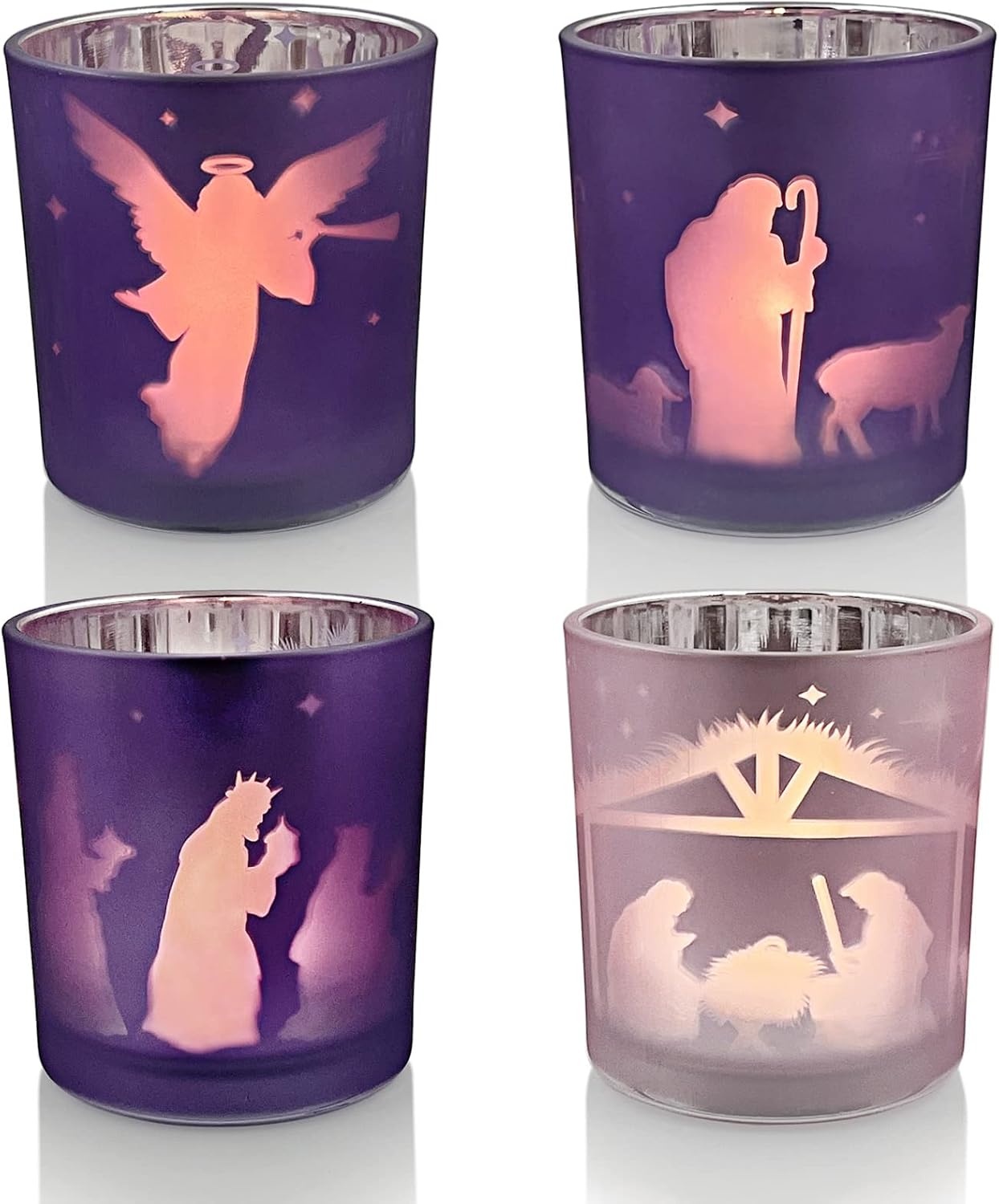 Advent Candle Holder Set of 4, Christian Decoration Votive Candle Holders, Glass Tealight Holders for Christmas Table Centerpieces Nativity Decorations, Purple & Pink