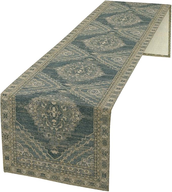 Boho Floral Vintage Table Runner, Blue Teal Retro Flower Rustic Country Farmhouse Pattern for Home Kitchen Table Decor Dining Coffee Room Party Decor 13x108in
