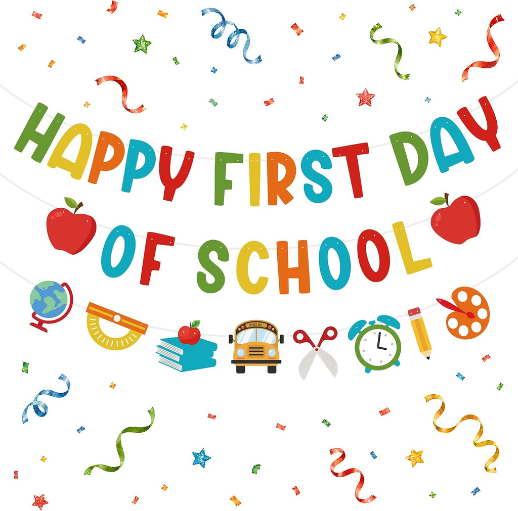 Back to School Decorations - Happy First Day of School Banner Sign Decor for Indoor Outdoor | Back To School Garland Backdrop - Hanging Classroom Decor Party Favors Supplies