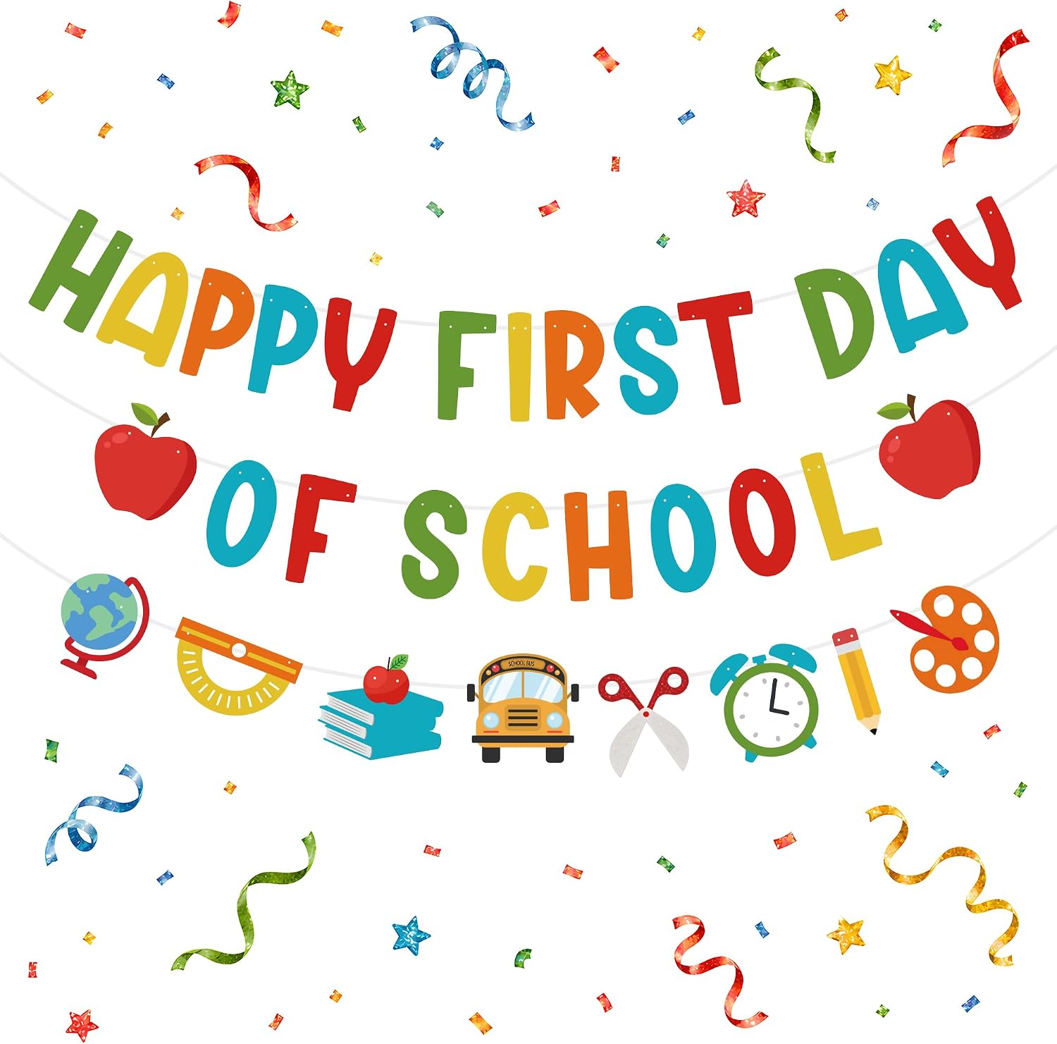 Back to School Decorations - Happy First Day of School Banner Sign Decor for Indoor Outdoor | Back To School Garland Backdrop - Hanging Classroom Decor Party Favors Supplies