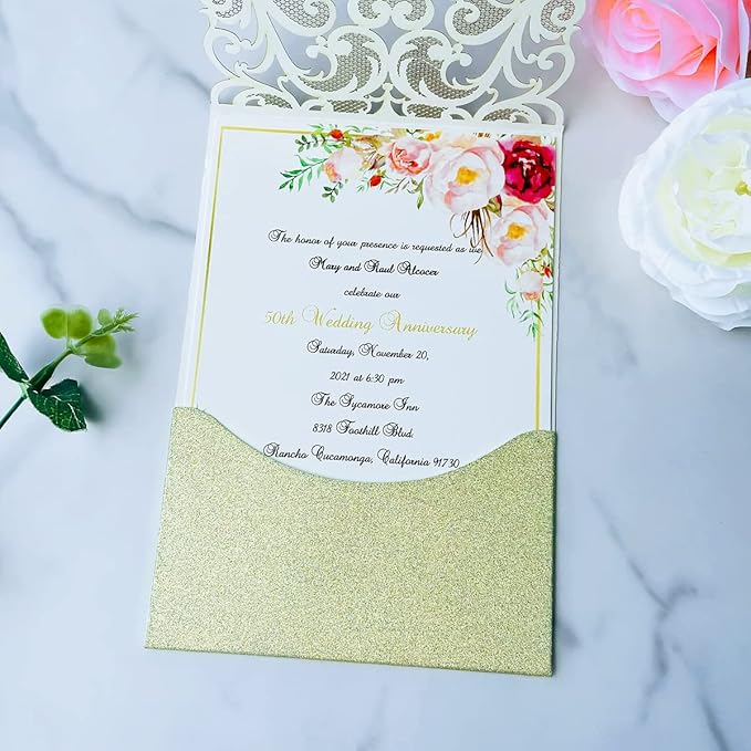 Hosmsua 50PCS Champagne Gold Wedding Invitations Kit 5 x 7.3 Inch Laser Cut Hollow Rose Rhinestone Pocket with Envelope for Wedding Bridal Shower Invite (Champagne Gold Glitter)