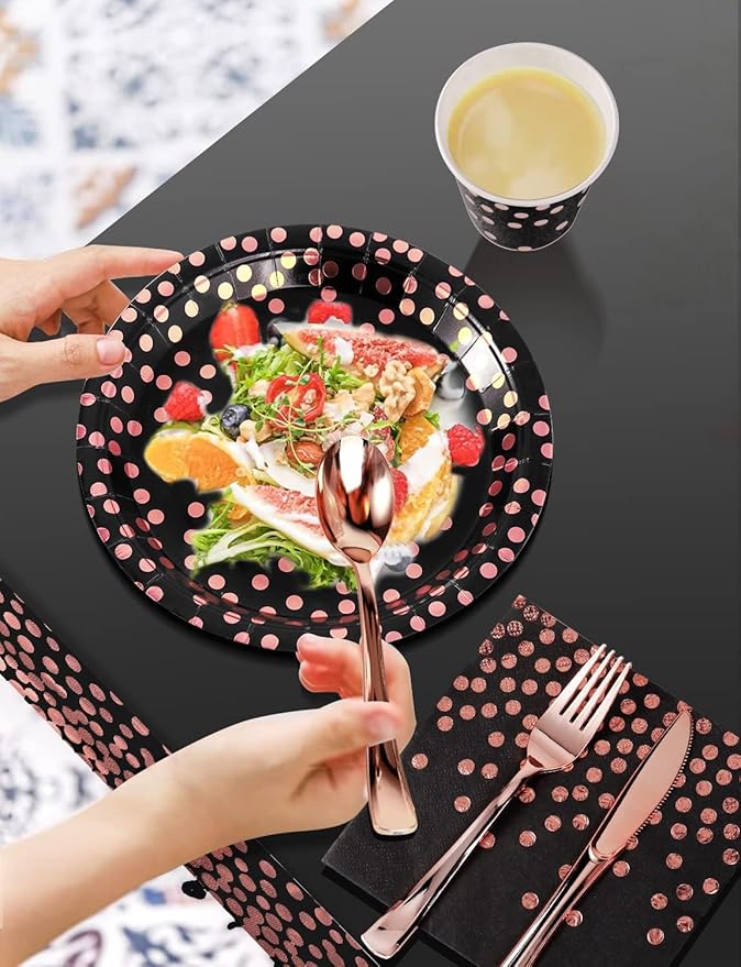 141 Pieces Black and Rose Gold Party Supplies, Party Dinnerware Sets Include Paper Plates Napkins Cups Silverware, for Wedding Bridal Shower Engagement Birthday Parties Decoration -20 Serves