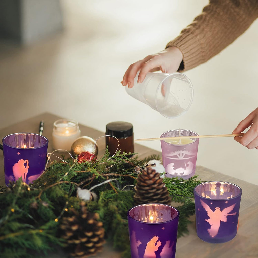 Advent Candle Holder Set of 4, Christian Decoration Votive Candle Holders, Glass Tealight Holders for Christmas Table Centerpieces Nativity Decorations, Purple & Pink