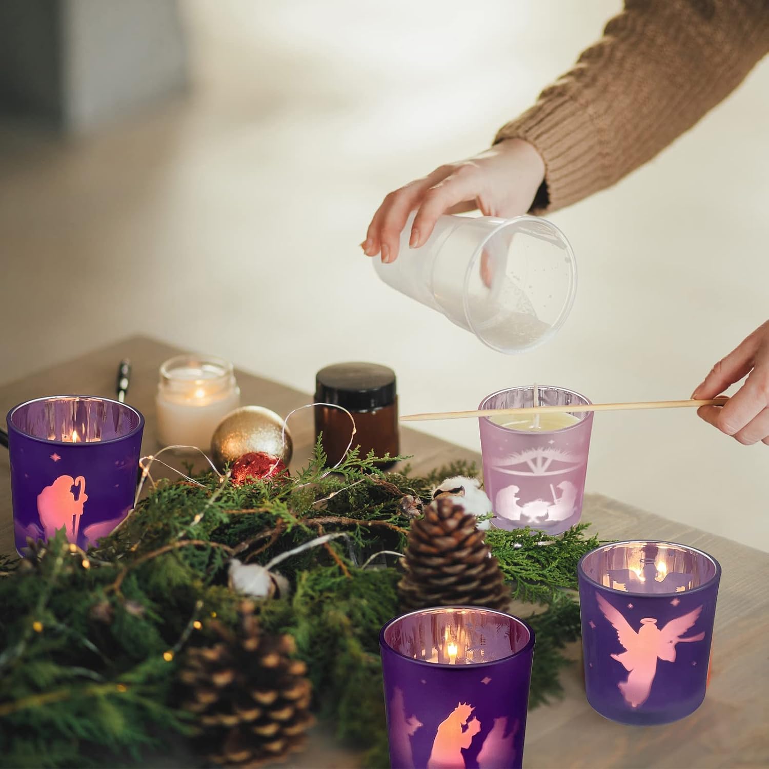 Advent Candle Holder Set of 4, Christian Decoration Votive Candle Holders, Glass Tealight Holders for Christmas Table Centerpieces Nativity Decorations, Purple & Pink