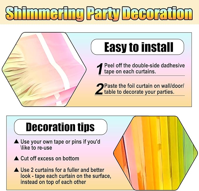6 Pack Rainbow Foil Fringe Curtain Backdrop, 3.28Ft x 8.2Ft Metallic Tinsel Foil Fringe Streamer Curtains for Photo Booth, Birthday, Wedding, New Year Party Decorations