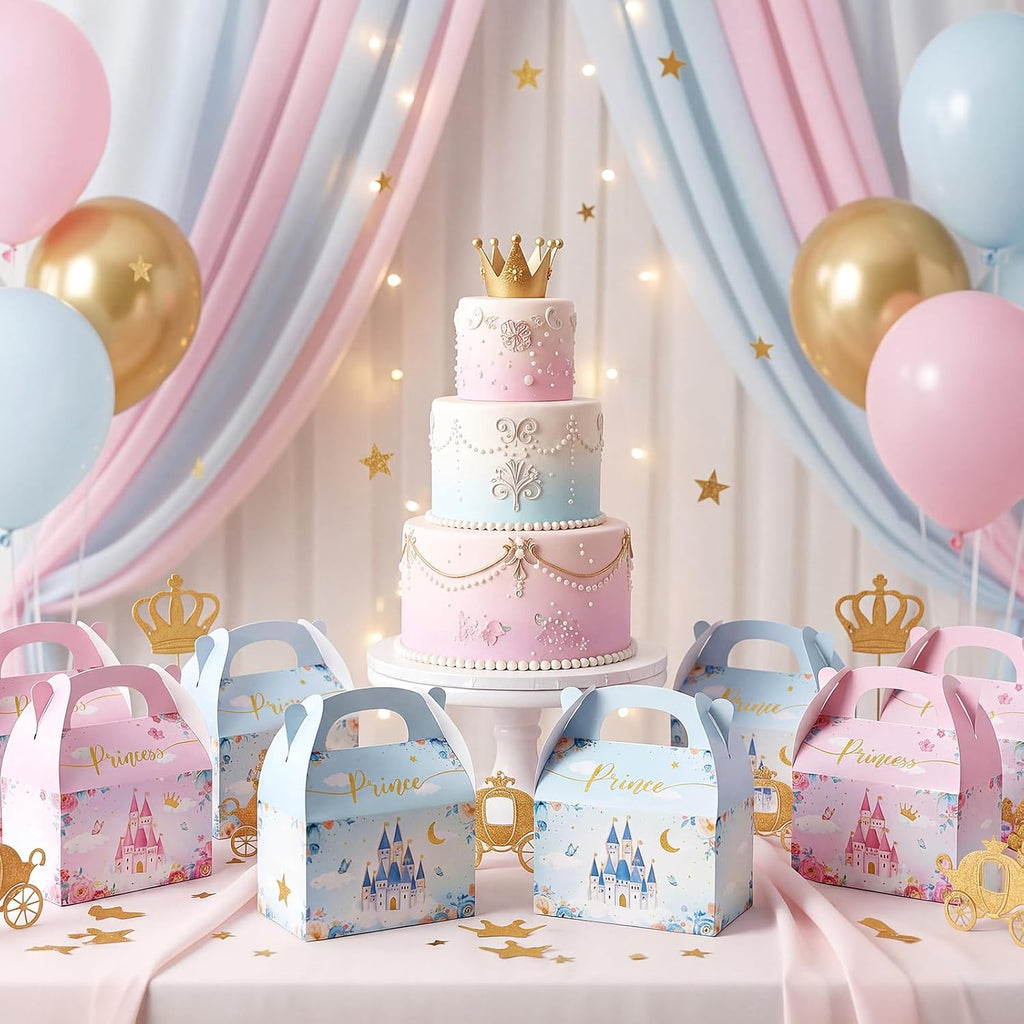 Nezyo 60 Pcs Princess and Prince Treat Boxes - Pink & Blue Crown Cardboard Goodie Boxes for Birthday Party Favors (Prince and Princess)