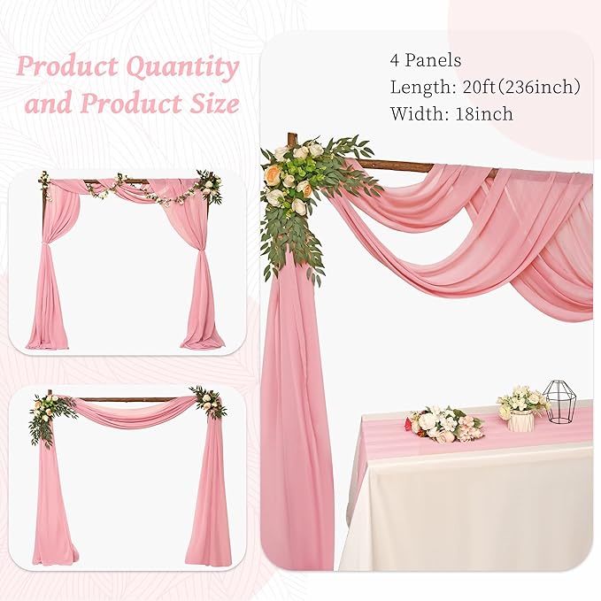 6 Panels Dusty Rose Wedding Arch Drapery 28" x 20Ft Outdoor Curtain Drapes Fabric Chiffon Fabric Drape Backdrop Curtain for Wedding Party Swag Ceremony Birthday Arbor Drapery Reception Ceiling Décor