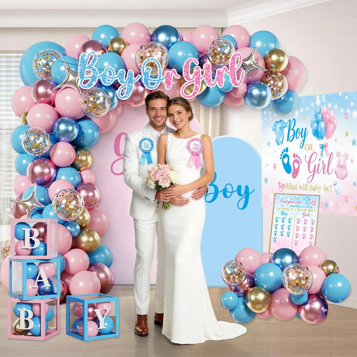 gender reveal decorations, all-in-one decor set for 25, side view