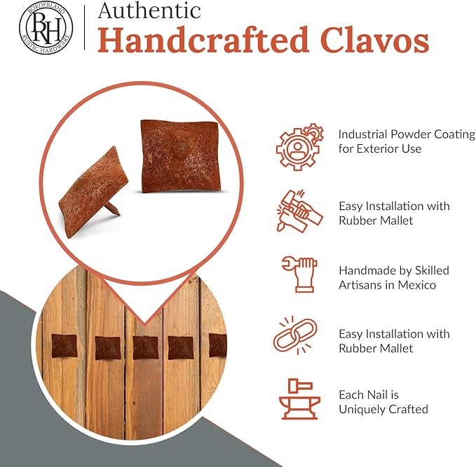 25 Pack 1.5" Square Head Iron Clavos Decorative Nails – Rusted – Handmade Rustic Square Fasteners for Farmhouse Shutters, Faux Wood Beams, Barn Doors, Shutters, and Gates – Ornamental Wood Accent