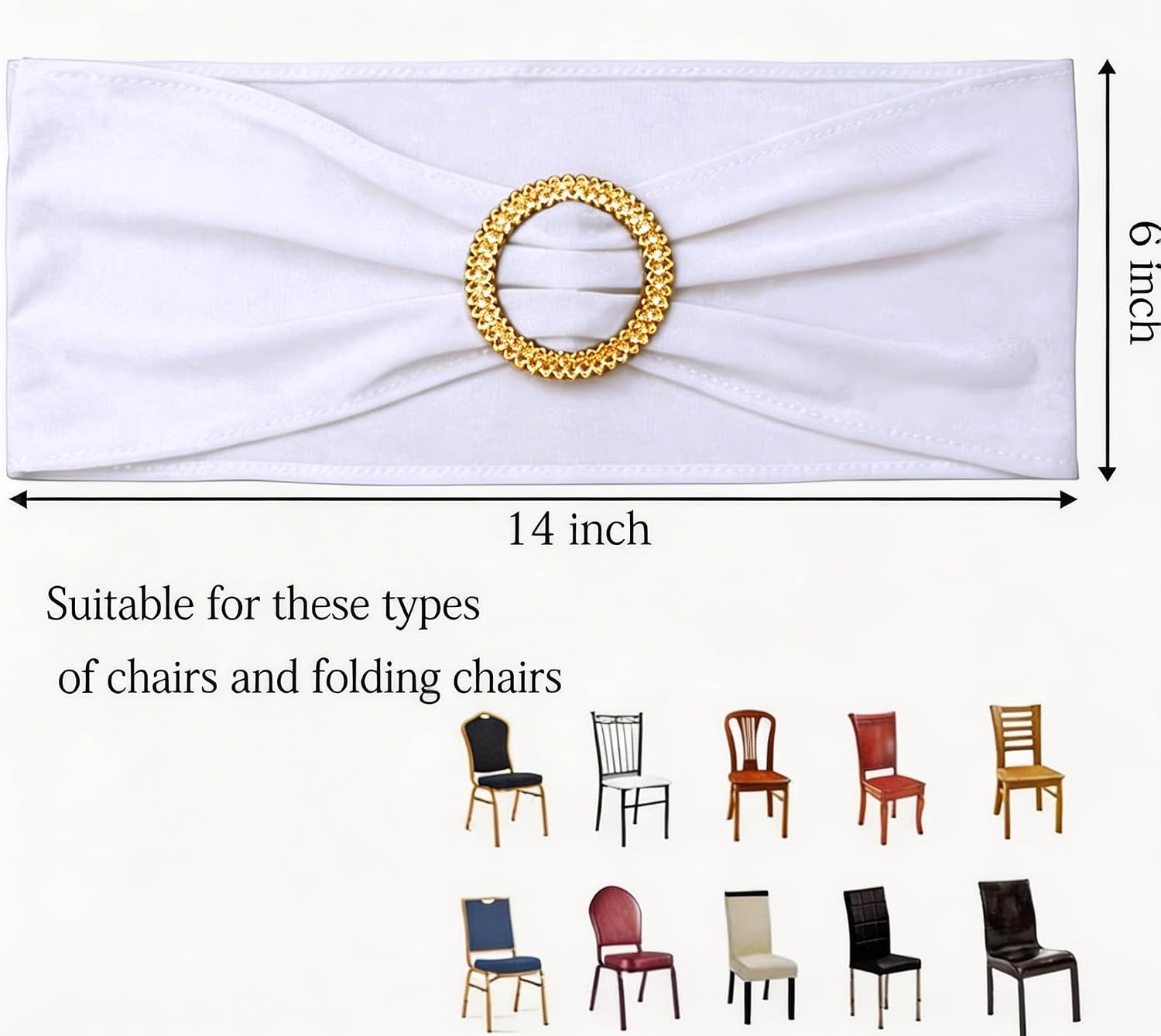 Pack of 50 Spandex White Chair Sashes with Gold Buckles, Stretch Chairs Sashes for Wedding Party Baby Shower Ceremony Event Decorations Chair Bands Bows (White Sashes, Gold Buckles)