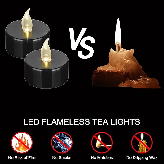 Nancia 12PACK Flameless LED Tea Lights Candles, Realistic and Bright Flickering Long Lasting 200Hours Battery-Powered, Ideal Party, Wedding, Birthday, Gifts Home Decoration Black
