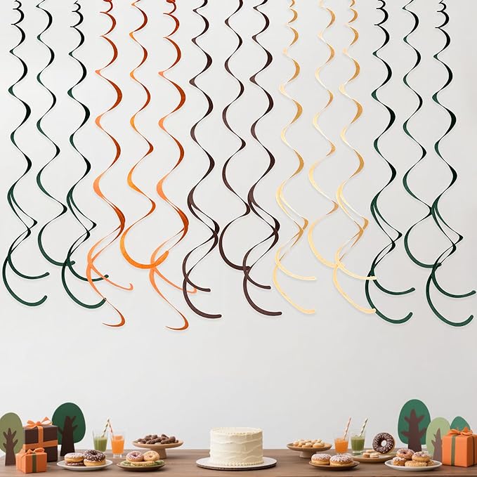 36 Pcs Green Brown Orange Beige Hanging Swirl Decorations Felt Swirl Streamer Spiral Ceiling Garland for Woodland Safari Jungle Wild One Birthday Neutral Baby Shower Party Decorations Supplies