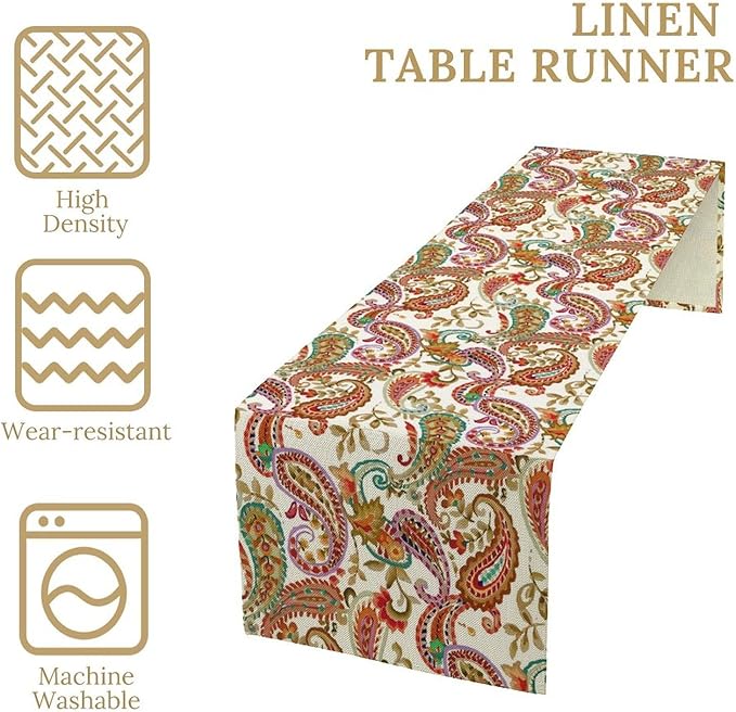 Colorful Paisley Table Runner, Boho Vintage Pink Red Teal Floral Leaves Print Table Runner for Home Kitchen Dining Table Holiday Party Decor, 13x90inch