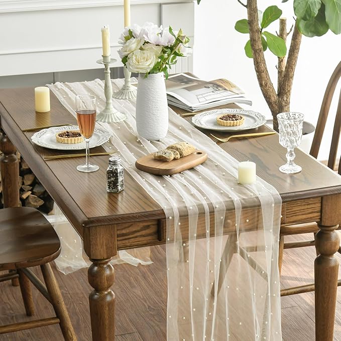 Artoid Mode 6PCS Pearl Beige Gauze Table Runner 120 Inch 10FT, Seasonal Sheer Dining Holiday Wedding Birthday Baby Shower Table Decor for Home Party
