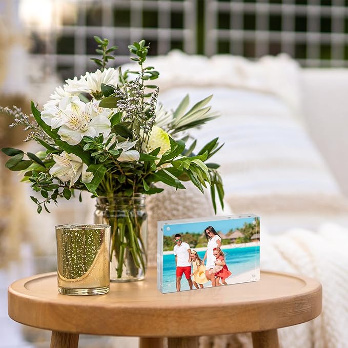 TWING 6 Pack Picture Frames Acrylic 4 x 6, Horizontal Magnet Frame Lucite Double Sided 4x6 Picture Frame, 10+10MM Thick Clear Frameless Desktop Display Self Standing Magnetic Acrylic Block Photo Frame