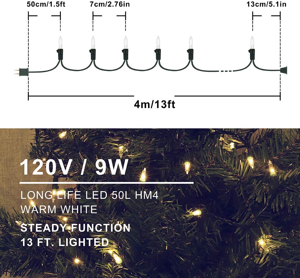 Hopolon 2 Pack Warm White Christmas Lights, 50-Count Green Wire | 13FT incandescent mini light with clear bulbs, plug in 120V, connectable for Christmas tree, wedding, bedroom, porch decor