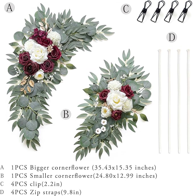 Artificial Burgundy Flower Swag Set of 2 for Wedding Welcome Signs Floral Decorations, Wedding Arch Flowers for Wedding Ceremony, Ivory Wedding Flower