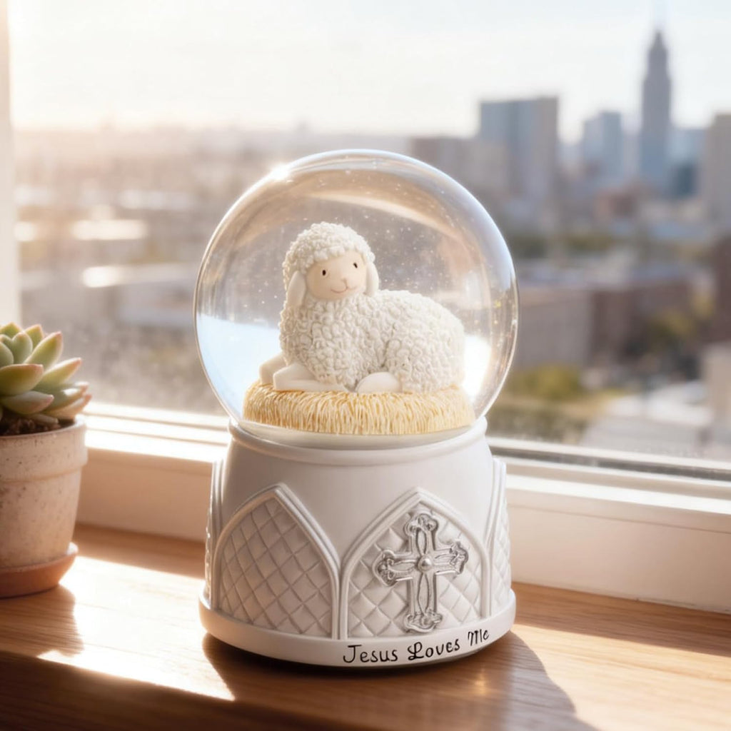 Jesus Loves Me Snow Globe, Jesus White Lamb Baptism Music Box, Religious Gift for Pastors Girls Wife Girlfriends Friends Easter Birthday Present