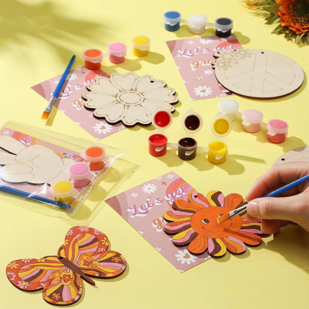 Saypacck 24 Pcs Groovy Boho Hippie Party Favors Wooden Painting Craft Kits Birthday Party Supplies with Organza Bag for Goodie Bags Fillers Adult Thank You Gifts