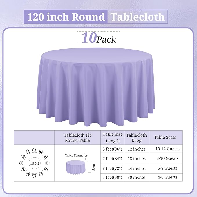 10 Pack Lavender Round Tablecloths - 120 Inch, Polyester Table Cover, Stain and Wrinkle Resistant Washable Fabric Table Cloth for Wedding Banquet Parties