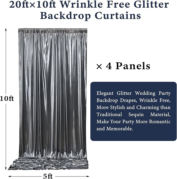 Outpain Thick 20 ft x 10 ft Black Silver Sequin Backdrop Curtain for Parties, Wrinkle Free Glitter Photo Backdrop Drapes 4 Panels 5x10ft Black Silver Back Drop Cloth for Wedding Photography Background