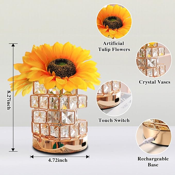 Birthday Gifts for Women/Mom Sunflower Cordless Table Lamp,3 Color Crystal Lamps Touch Bedside Lamps Infinitely Dimming with USB Charge Small Night Light,Nightstand Lamp for Bedroom (Square)